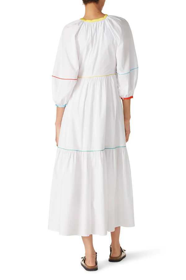 White Cotton Poplin Puff Sleeve Loose Mid-length Dress