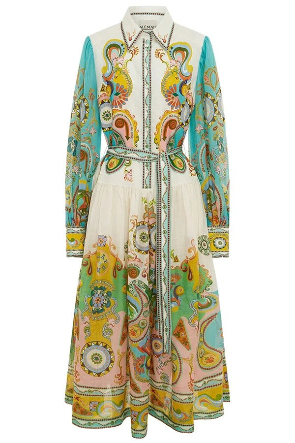 Travel Around The World Unique Print Balloon Sleeve Belt Shirt Midi Dress