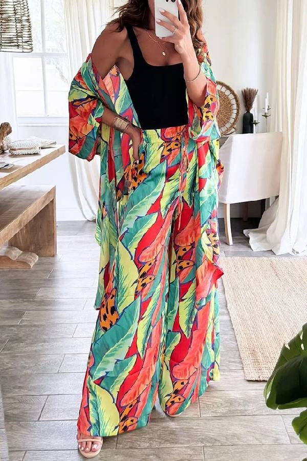 Resort long cardigan and trousers printed two-piece set