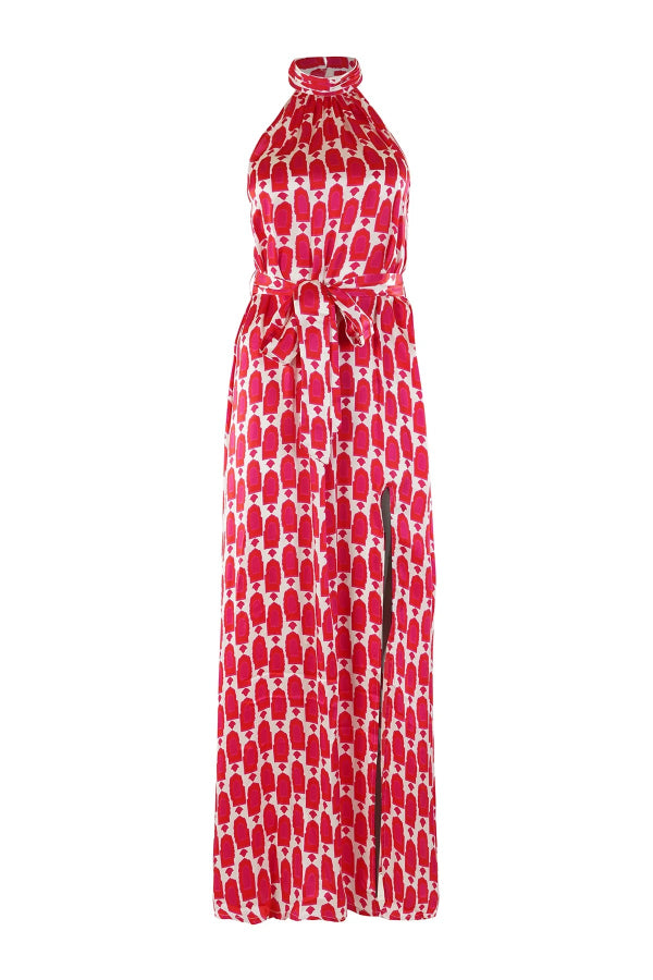 Unique Printed Sleeveless Halterneck Tie-waist Slit Maxi Dress