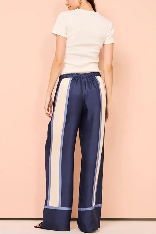 Conceptually Chic Satin Geometric Print Elastic Waist Pocketed Wide Leg Pants