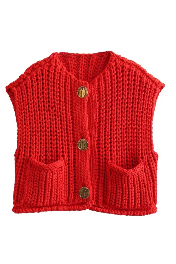 Pocket Sleeveless Cropped Knitted Cardigan Vest