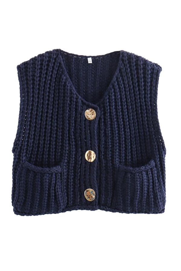 Pocket Sleeveless Cropped Knitted Cardigan Vest