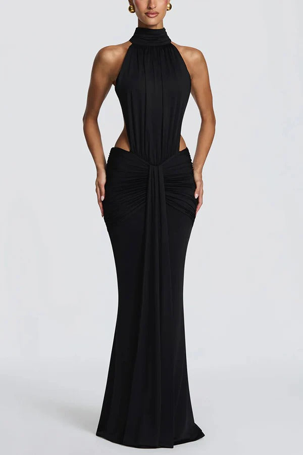 Thekla Stretch Slinky Jersey High Neck Ruched Backless Drape Maxi Dress