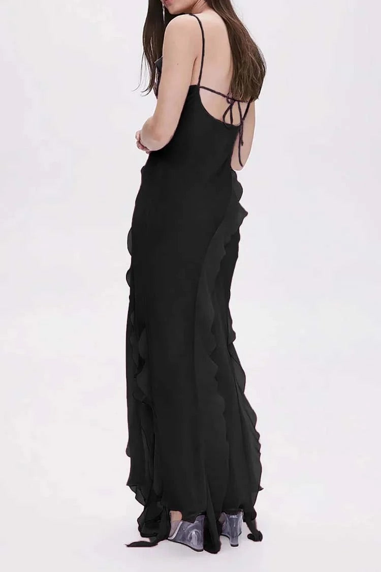 Cami Irregular Neck Ruffle Backless Tied Up Slit Tulle Formal Party Maxi Dress