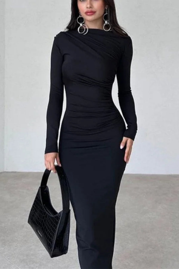 Sexy Pleated Long -sleeved Dress