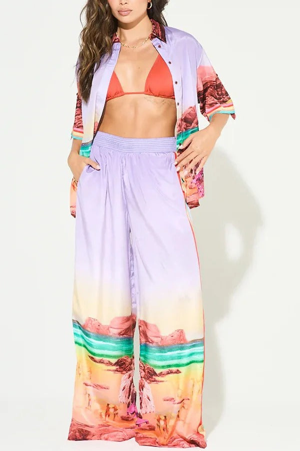 Lilac Sunrise Unique Print Short Sleeve Loose Shirt and Elastic Waist Pocket Pants Set