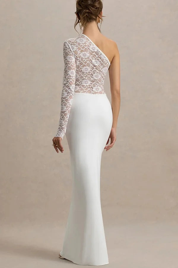 Modern Elegance Floral Lace Patchwork One Shoulder Slit Stretch Maxi Dress