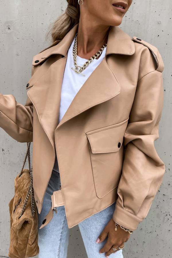 Stylish Leather Lapel Pocket British Style Cropped Jacket