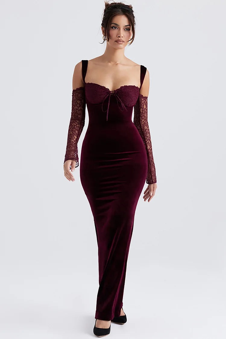 Cold Shoulder Lace Sleeve Bodycon Velvet Formal Party Maxi Dresses