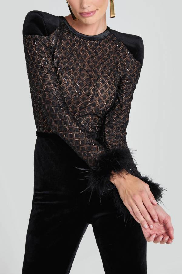 Monique Fish Scale Lace Sequin Velvet Patchwork Feather Trim Stretch Flare Jumpsuit