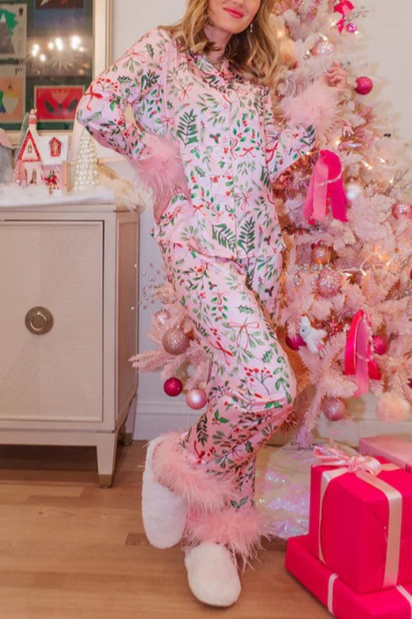 Iconic Holiday Printed Feather Trim Elastic Waist Pocketed Pajama Set