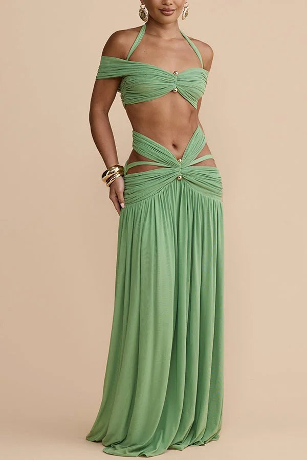 Martina Stretch Mesh Gold Metal Detail Gathered Cutout Waist Vacation Maxi Skirt