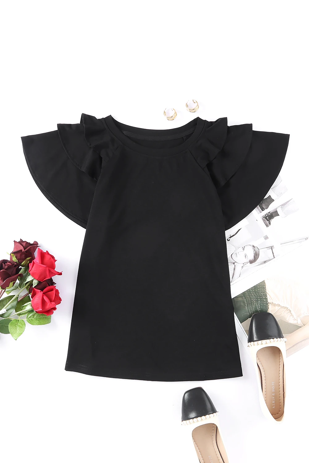 Black Plain Tiered Ruffle Casual Round Neck T Shirt