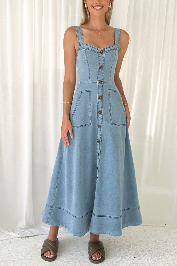 Solid Color Suspender Pocket Button Slim Denim Midi Dress