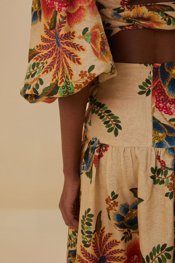 Jungle Style Linen Blend Floral Print Puff Sleeve Crop Top and High Waist Midi Skirt Set