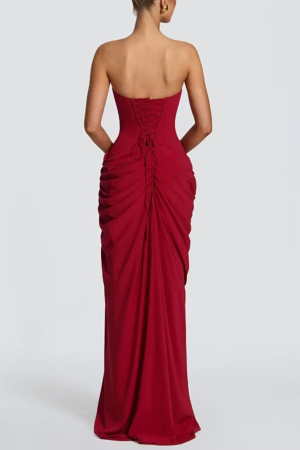 Cyra Back Lace-up Asymmetrical Pleats Strapless Slit Maxi Dress