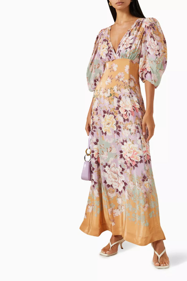 Best Garden Party Satin Colorful Floral Print Puff Sleeve Maxi Dress