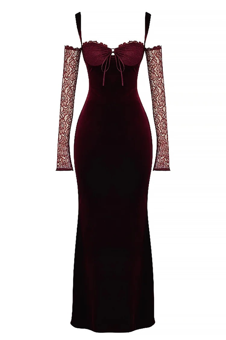 Cold Shoulder Lace Sleeve Bodycon Velvet Formal Party Maxi Dresses