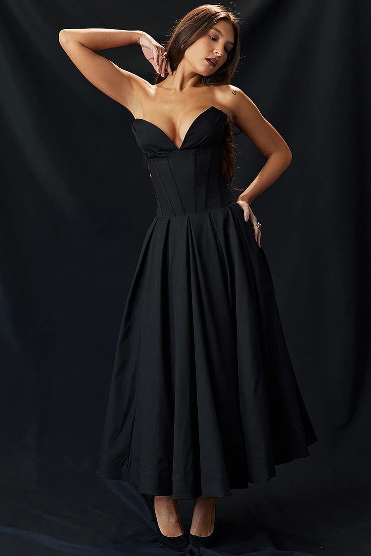 Deep V Neck Strapless Corset A-Line Pleated Midi Dresses-Black