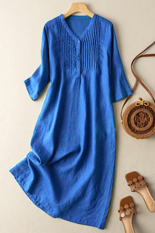 Cotton And Linen V-Neck Pleated Loose Dress