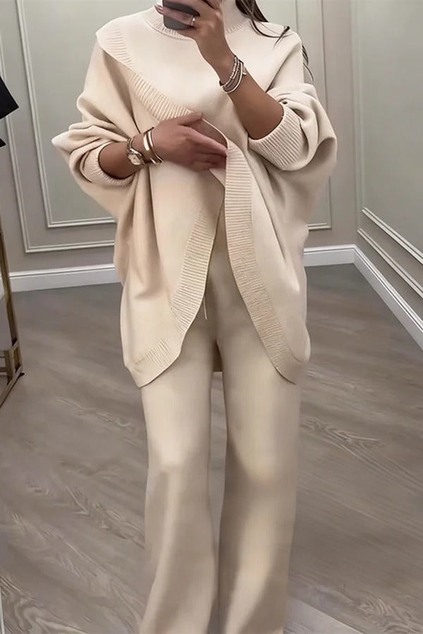 Solid Color Loose-fitting Turtleneck Knit Top and Elastic Waist Casual Pocket Straight Leg Pants