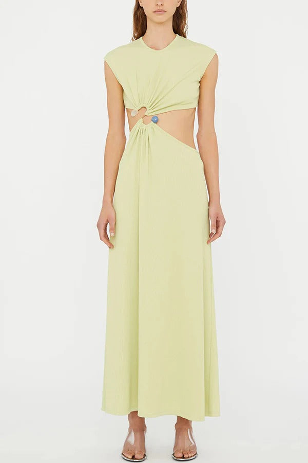 Eye-catching Ribbed Knit S-buckle Hardware Cutout Waist Maxi Dress
