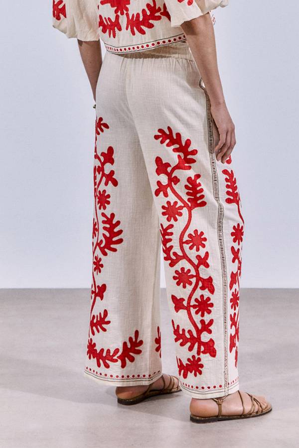 Till Sunset Linen Blend Unique Print Elastic Waist Pocket Wide Leg Pants