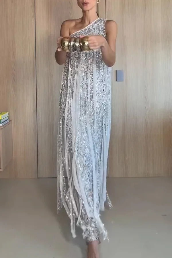 Holiday Muse Sequined Slit Tassels One Shoulder H-line Maxi Dress