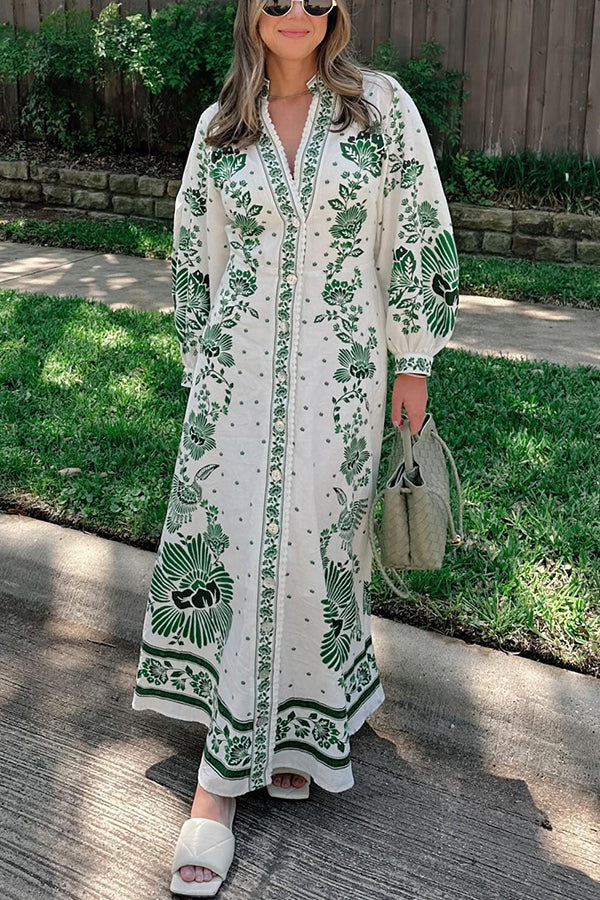 Unique Print Button Down Long Sleeve Shirt Maxi Dress