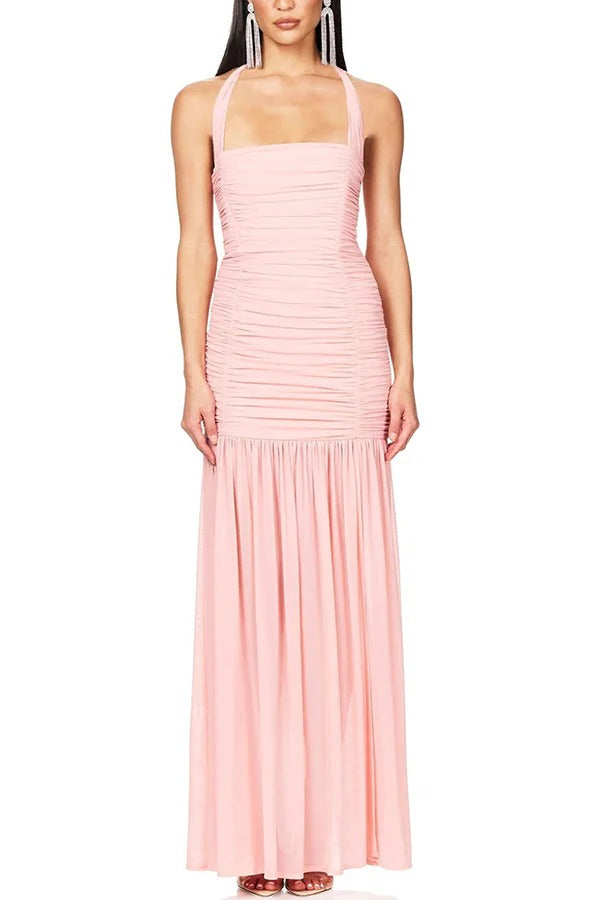 Chic Demeanor Mesh Overlay Ruched Halter Slit Stretch Maxi Dress