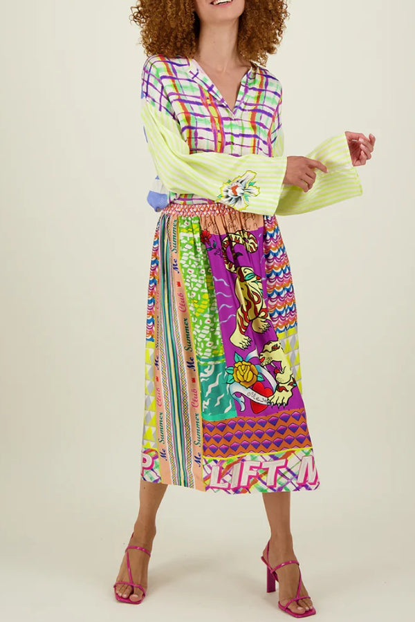 Boho Chic Satin Colorful Unique Print Elastic Waist Pocket Vacation Midi Skirt