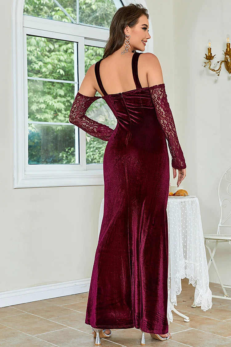 Cherley Cold Shoulder Lace Sleeve Bodycon Velvet Formal Party Maxi Dresses