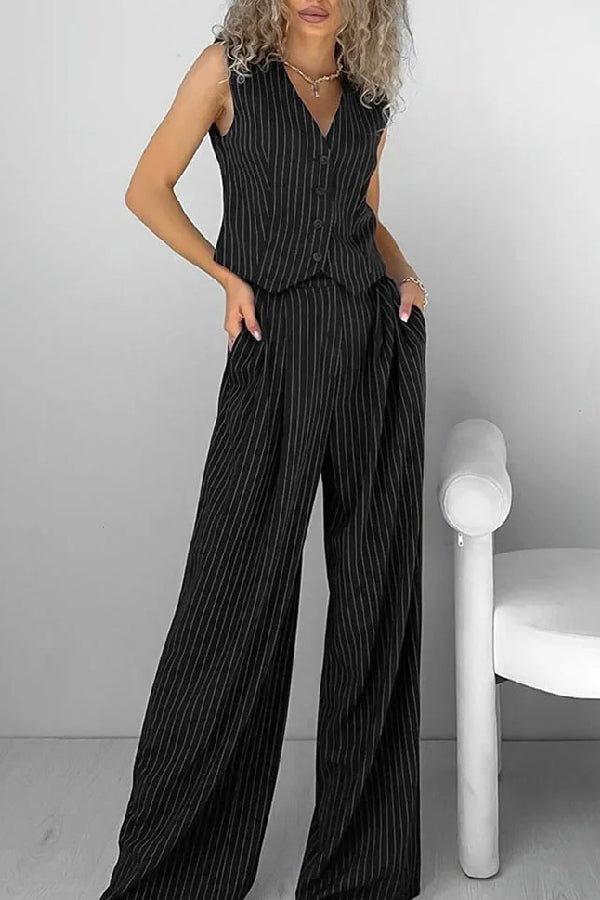 Retro V-neck striped two-piece set