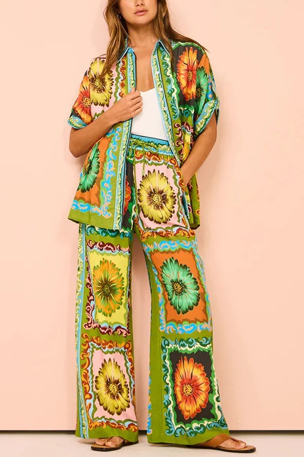 Disco Daisy Unique Printed Colorblock Elastic Waist Pocket Pants Set