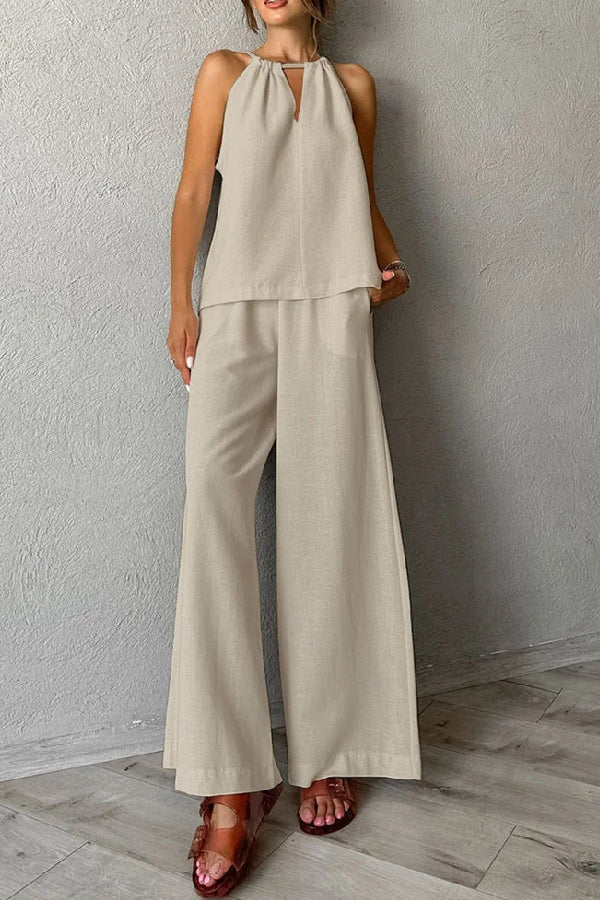 Cotton And Linen Cut-Out Lace-Up Vest & Wide-Leg Pants Two-Piece Set