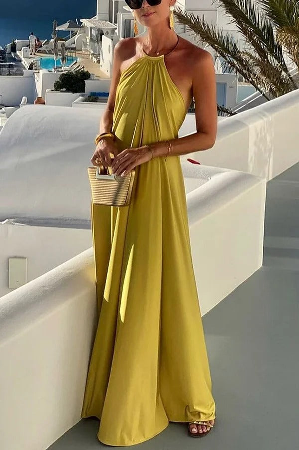 Solid Color Resort Style Halter Neck Open Back Large Hem Maxi Dress