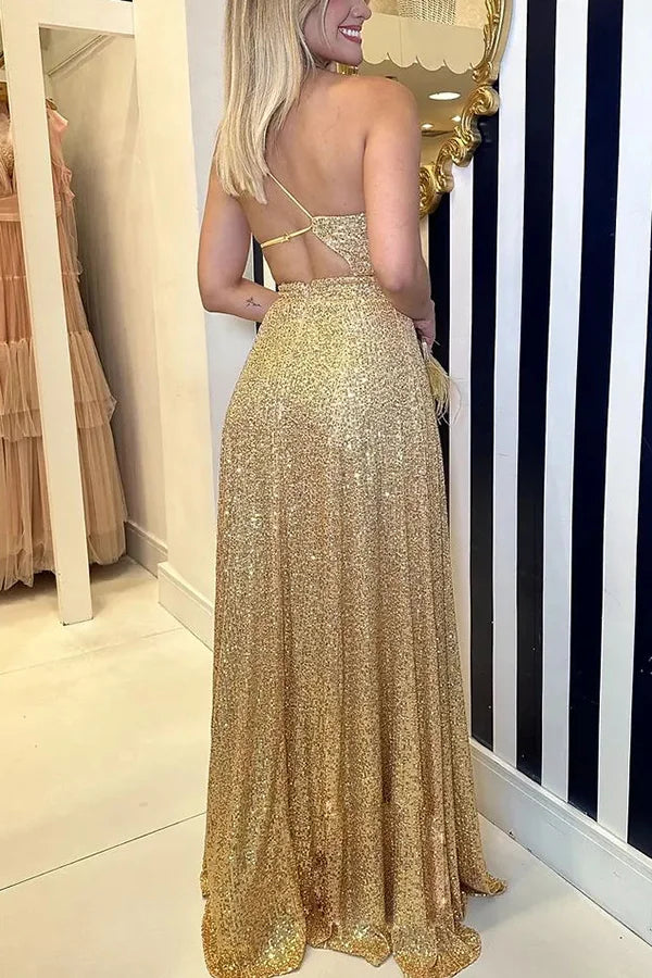 Glamour of Disco Sequin One Shoulder Cutout Backless Maxi Dress