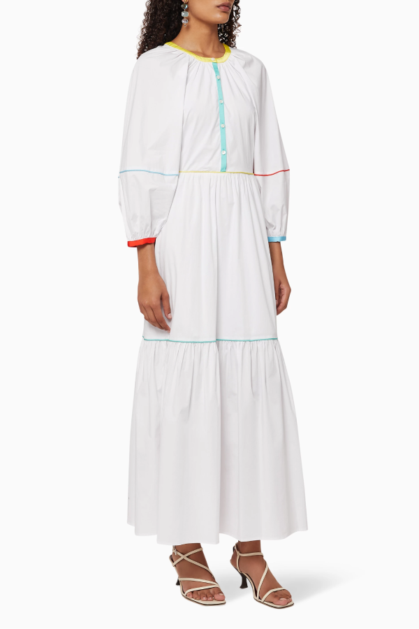 White Cotton Poplin Puff Sleeve Loose Mid-length Dress