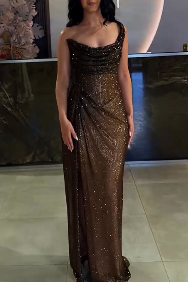 Glitzy Gala Glitter Fabric One Shoulder Ruched Slit Maxi Dress