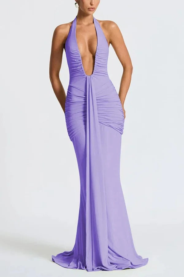 Solid Color Elegant Halterneck V-neck Open Back Tie Gathered Maxi Dress