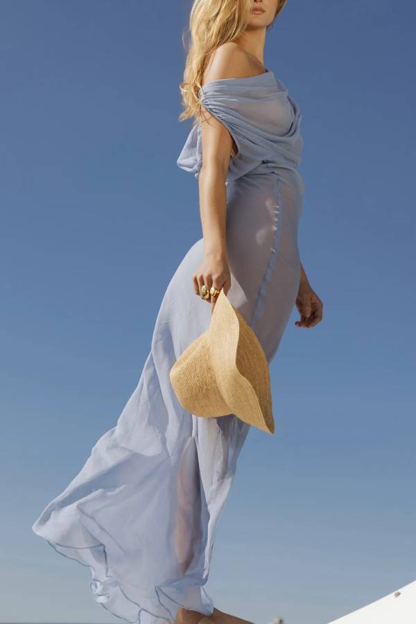 Jordana Chiffon Ruched Cowl Neck Off Shoulder Sheer Maxi Dress