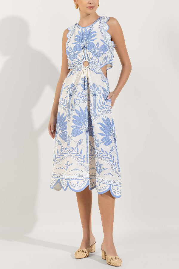 Naiara Palm Print Sleeveless Scalloped Trim Midi Dress