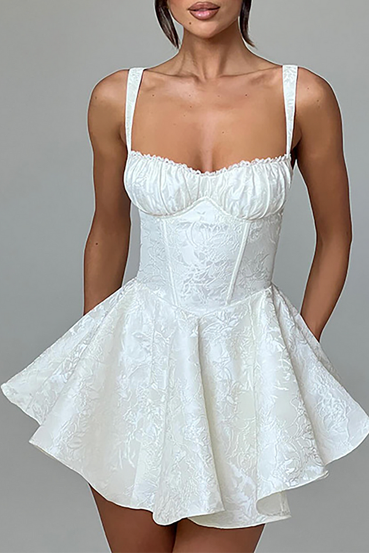 Lace Trim Cinch Waist Jacquard Slip Mini Dresses-White