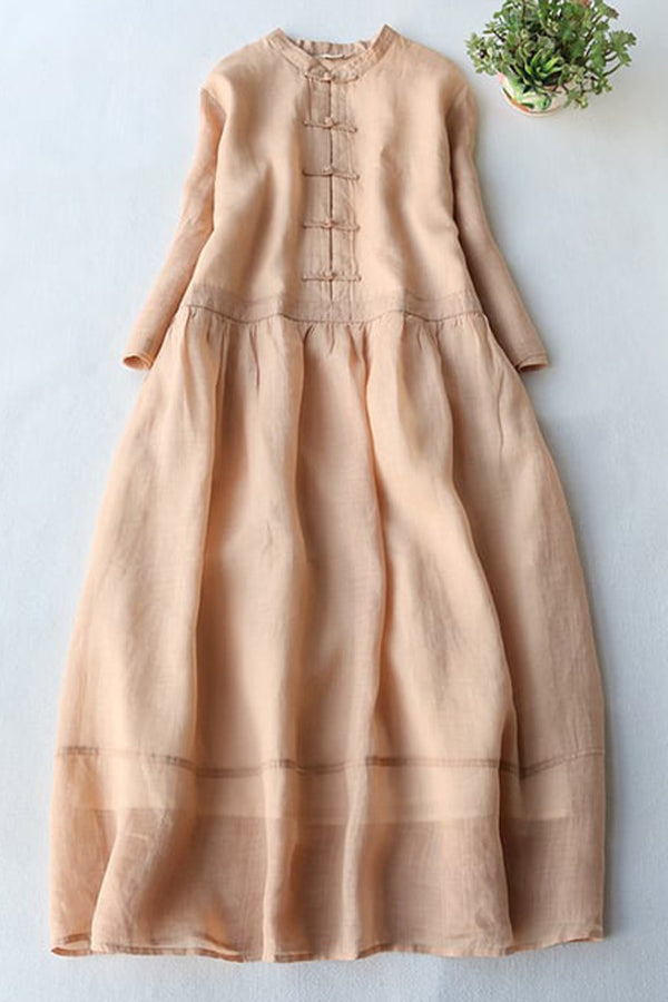 Cotton And Linen Standing Collar Retro Button Up Solid Color Loose Dress