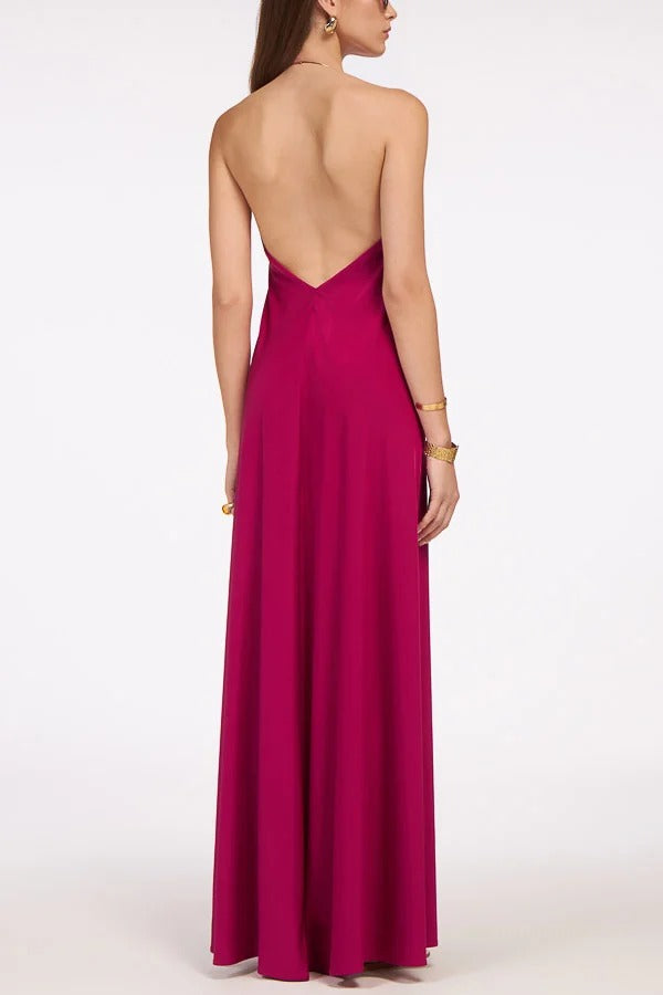 Solid Color Resort Style Halter Neck Open Back Large Hem Maxi Dress