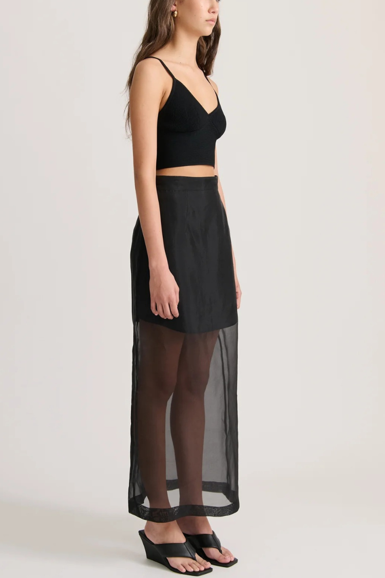 Ensemble débardeur oversize à poches en organza transparent moderne et jupe midi fendue taille haute