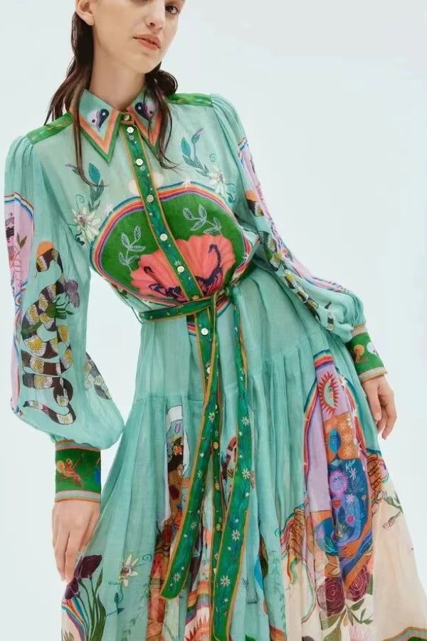 Staying In Capri Unique Print Balloon Sleeve Belt Shirt Midi Dress