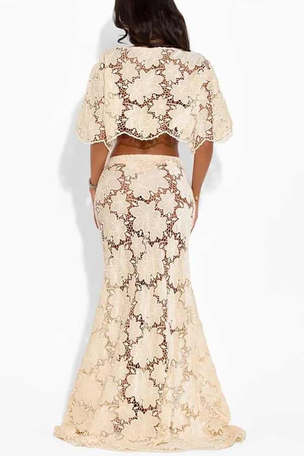 Modern Allure Floral Embroidery Lace Bell Sleeve Crop Top and High Rise Flare Maxi Skirt Set
