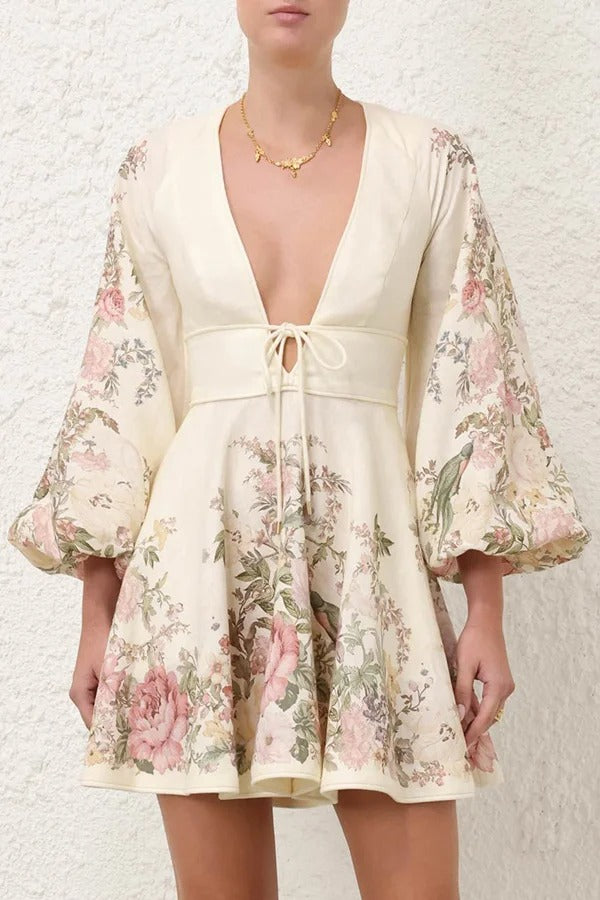 Flower Gala Linen Blend Unique Print Tie-up Balloon Sleeve Pocketed Mini Dress